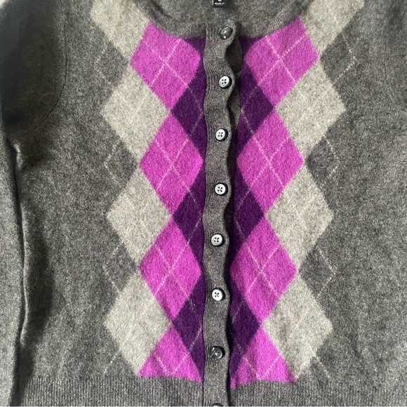 Apt. 9 100% Cashmere M Black Purple Argyle Knit Cardigan Sweater Dark Academia - Picture 2 of 7